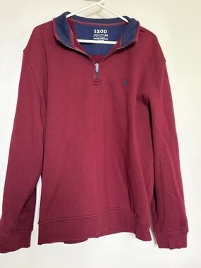Izod Men's Zip-Up Sweater in Burgundy with Navy Trim